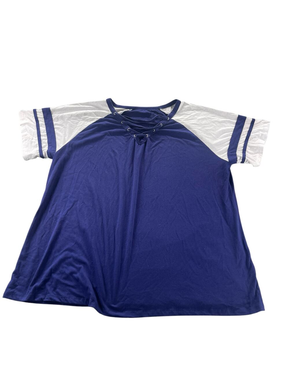 Unbranded Navy Blue White Short Sleeve Lace-Up V-Neck Baseball Top Women's